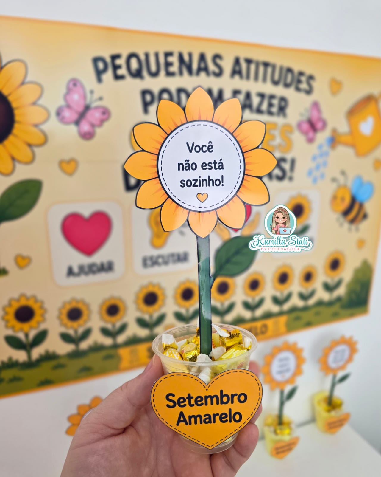Copinho girassol + mini painel setembro amarelo